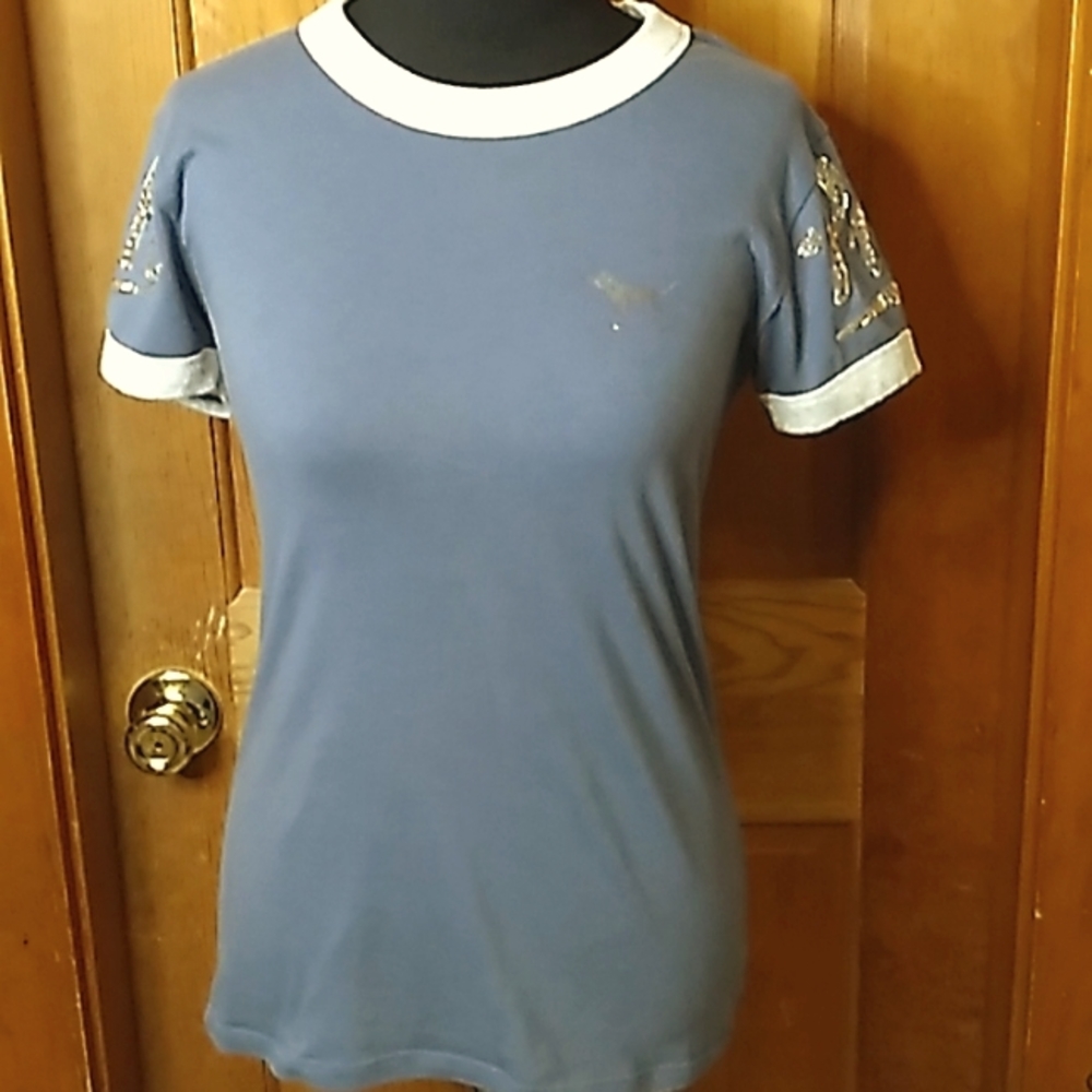 Victoria's Secret Pink Dusty Blue Tee Shirt With Silver Sequin Details Size XS